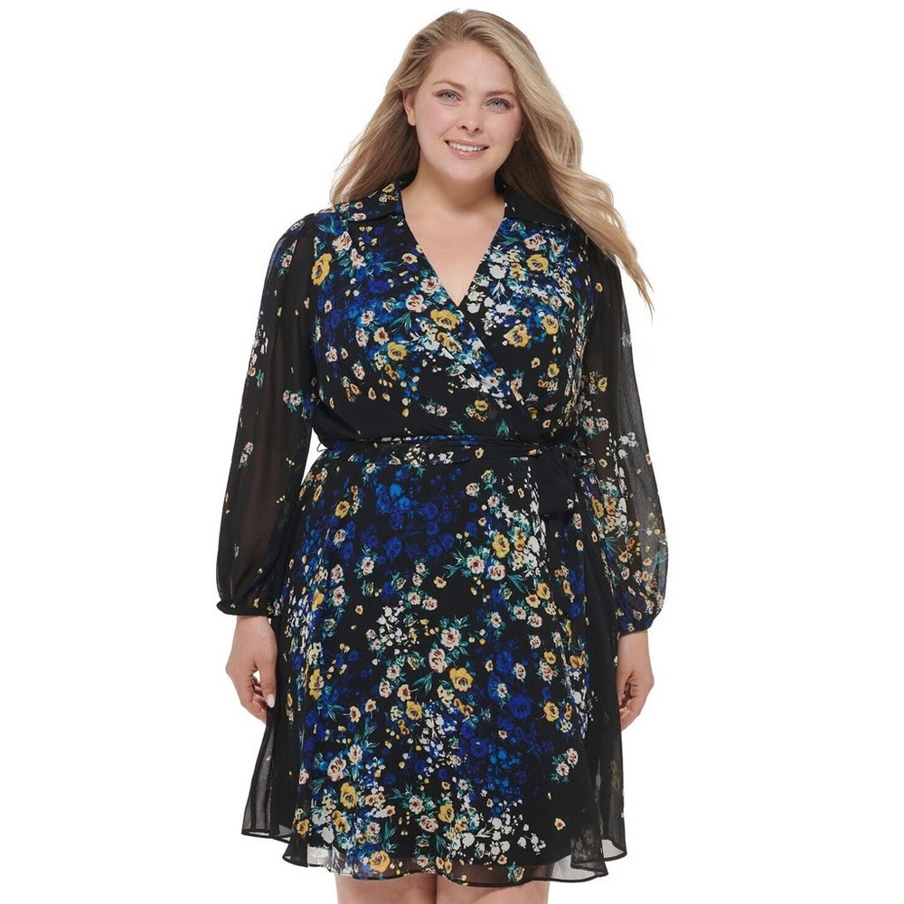 DKNY Women's Plus Size Black Floral Print Balloon Sleeve Tie-Waist Dress - 14W